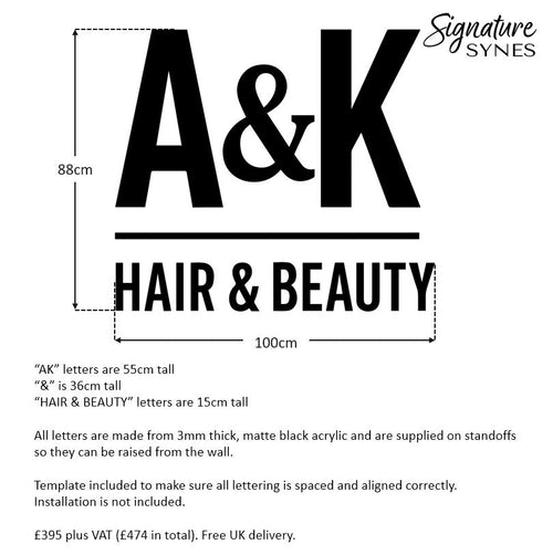 Custom Order - A&K HAIR & BEAUTY - 100cm wide - Matte Black - Raised Letters