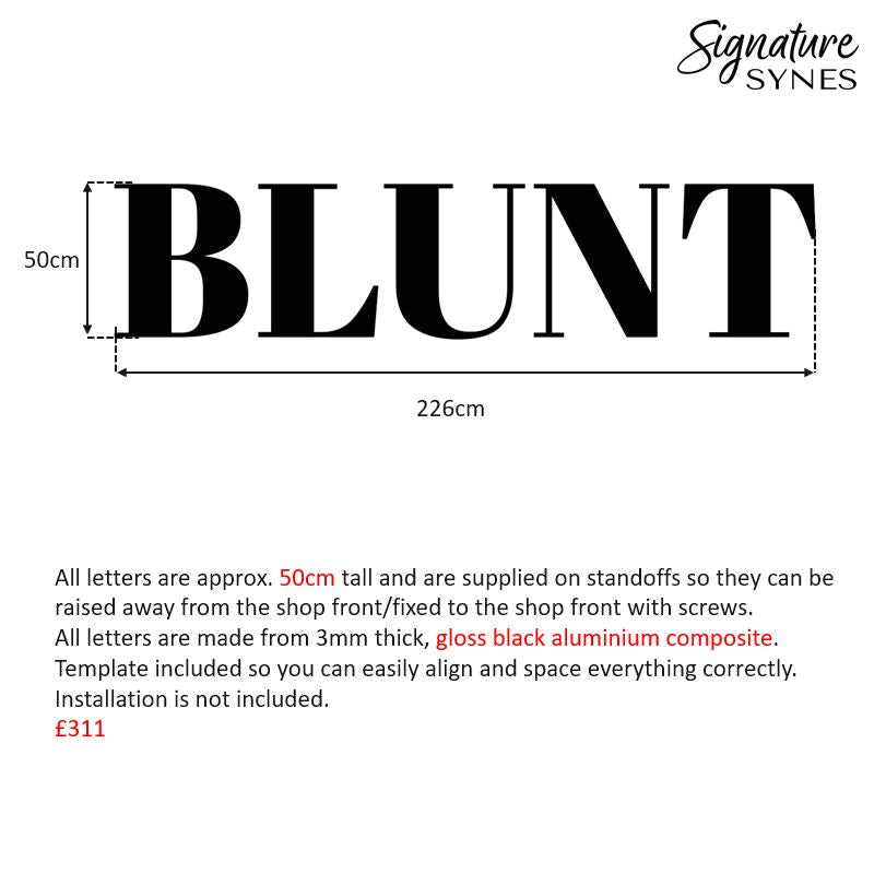 Custom Order - BLUNT + SALON - 226cm + 48cm wide - Raised Letters + Self Adhesive Letters - Gloss Black + Gloss White
