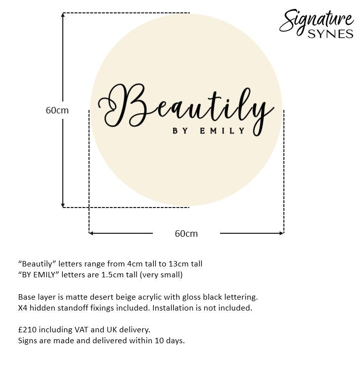 Custom Order - Beautily - 60cm x 60cm - desert beige base + gloss black lettering - x4 hidden standoffs