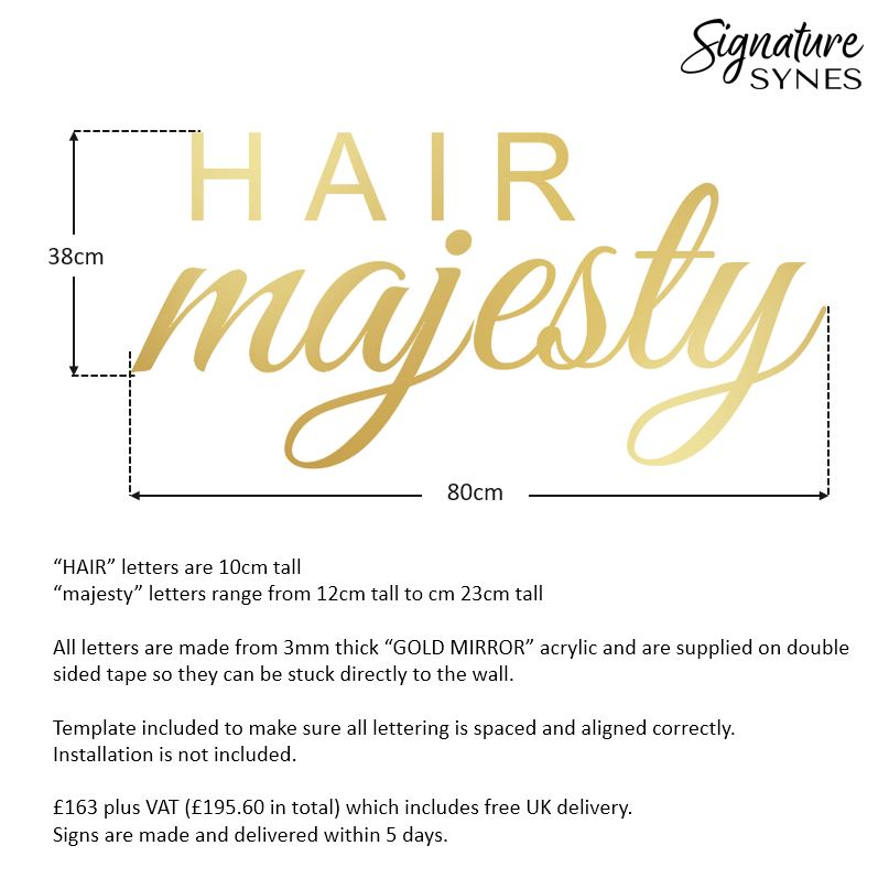 Custom Order - HAIR majesty - GOLD MIRROR acrylic - 80cm wide - Double Sided Tape