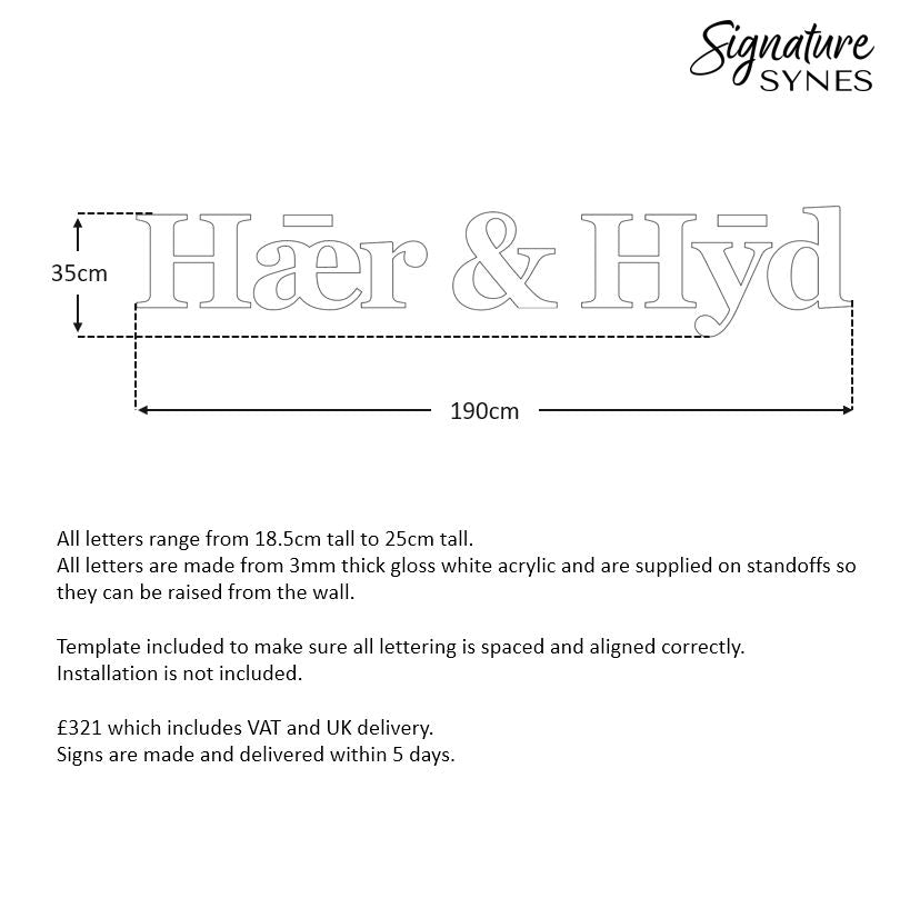 Custom Order - Haer & Hyd - gloss white - 190cm wide - Standoffs