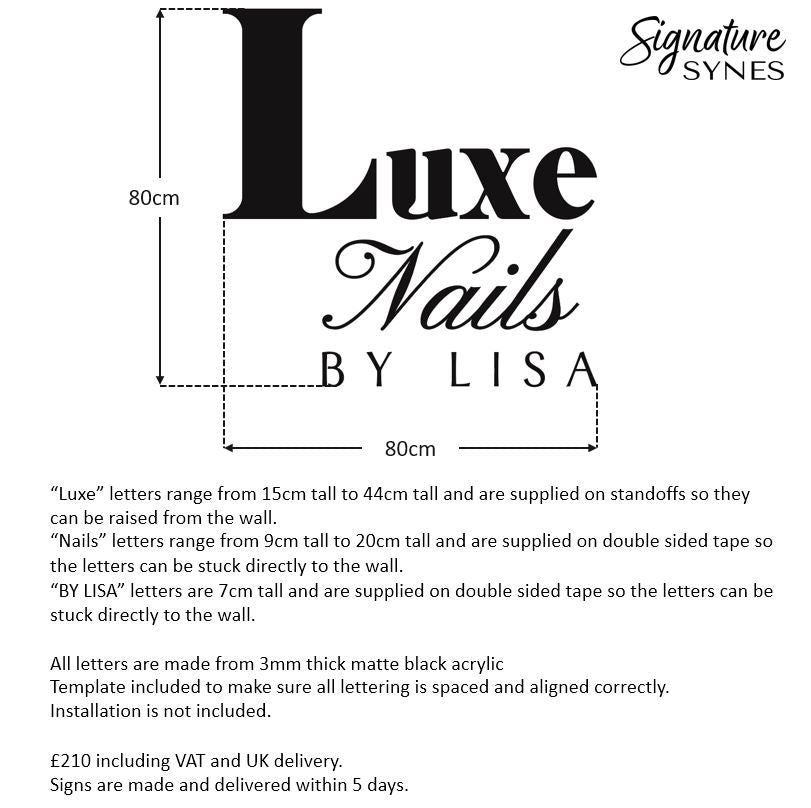 CUSTOM ORDER - Luxe Nails BY LISA - matte black - 80cm wide - Raised letters + Self Adhesive Letters