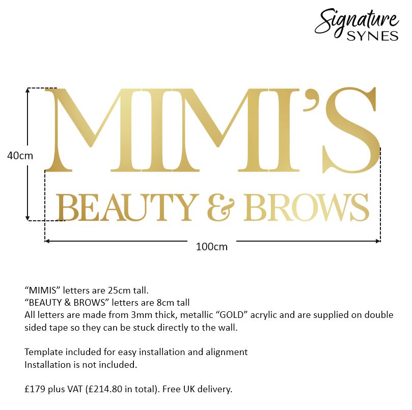 Custom Order - MIMI'S BEAUTY & BROWS - metallic "GOLD" - 100cm wide - Double Sided Tape