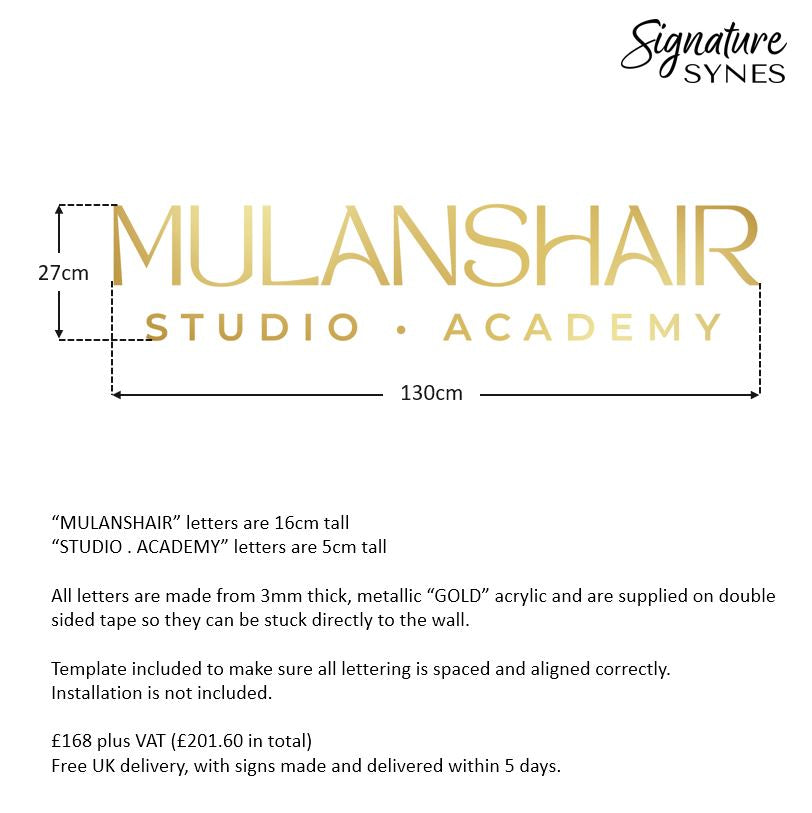 Custom Order x2 Signs - MULANSHAIR - metallic "GOLD" - 120cm + 50cm wide - Double Sided Tape