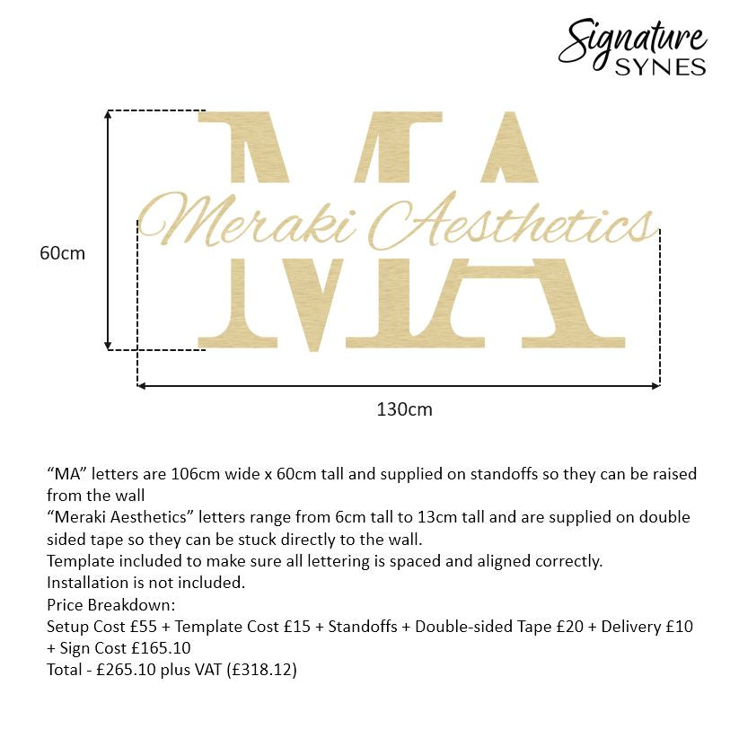 Custom Order - MA Meraki Aesthetics - 130cm wide - brushed gold - raised lettering + self adhesive lettering