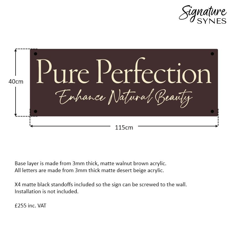 Custom Order - PURE PERFECTION - 115cm x 40cm - matte walnut brown + desert beige lettering