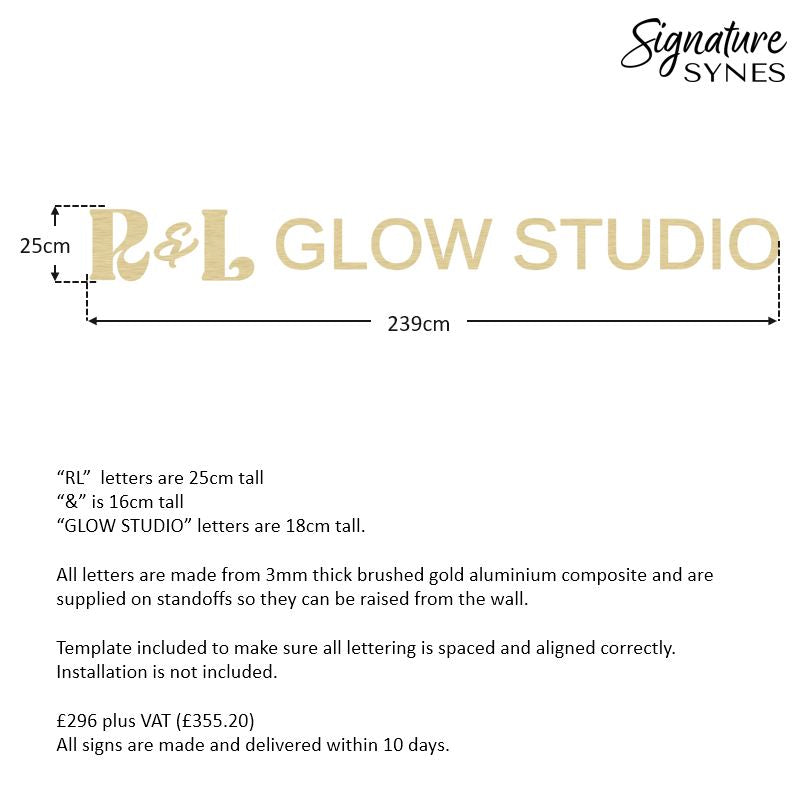 Custom Order - R&L GLOW STUDIO - 100cm wide - brushed gold - raised letters