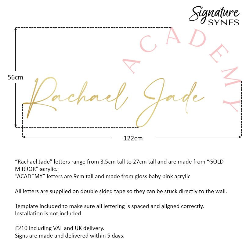 Custom Order - Rachael Jade ACADEMY - 122cm wide - "GOLD MIRROR" and "BABY PINK" acrylic - double sided tape