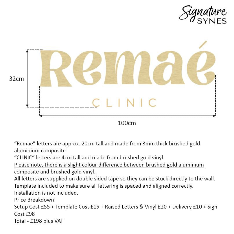 Custom Order - Remae CLINIC - 100cm wide - brushed gold self adhesive lettering - brushed gold vinyl