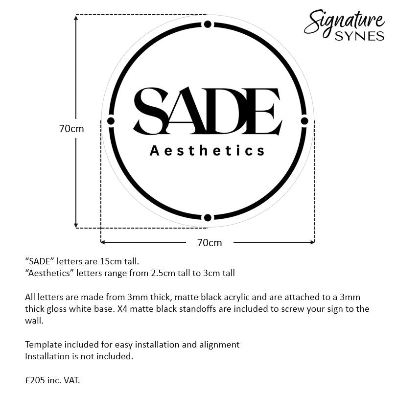Custom Order - SADE Aesthetics - gloss white base with matte black lettering - 70cm wide