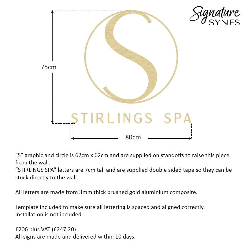 Custom Order - STIRLINGS SPA - 80cm wide - brushed gold - raised lettering + self adhesive lettering