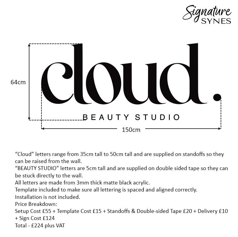 Custom Order - cloud. BEAUTY STUDIO - Matte black - 150cm wide - Raised Letters & Double Sided Tape