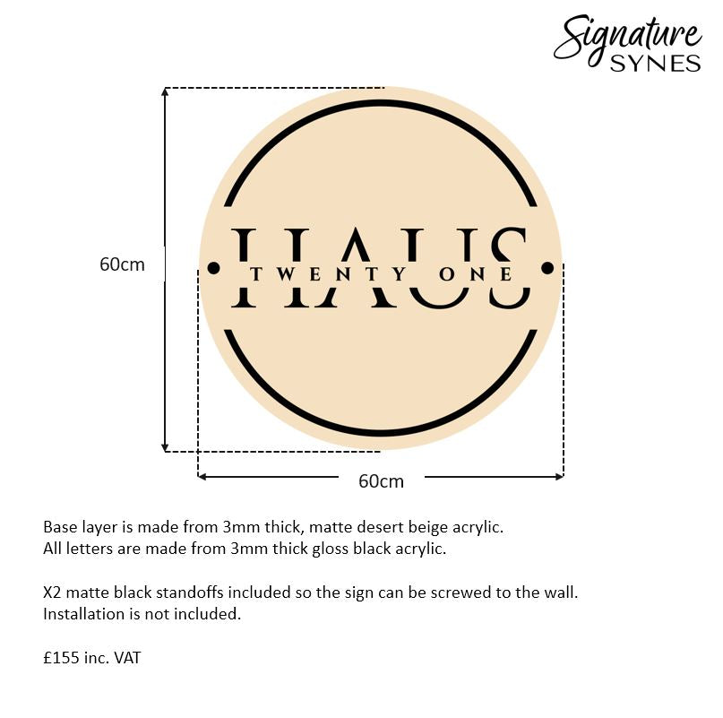 Custom Order - HAUS TWENTY ONE - 60cm x 60cm - desert beige base + gloss black lettering - double sided tape