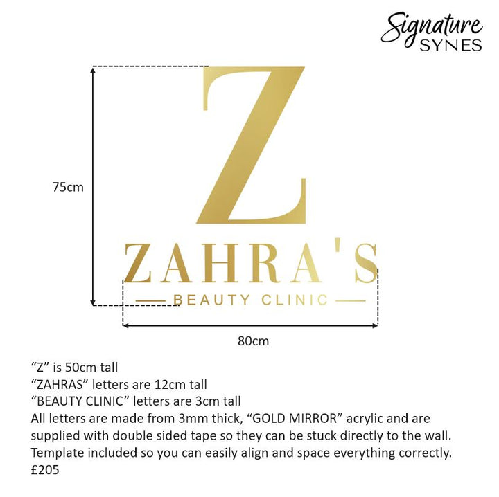 Custom Order - ZAHRA'S - GOLD MIRROR acrylic - 80cm wide - Double Sided Tape